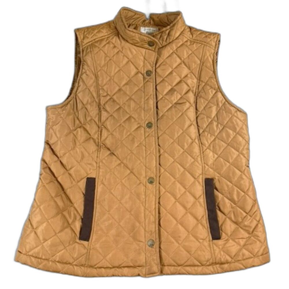 G.H. Bass Women’s Quilted Vest Sz L Camel Tan Brown Snap Front Preppy Equestrian